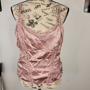 Bebe Silk Corset Top Sz M Lace Up Details Satin Mauve Pink 90's Fairy Coquette